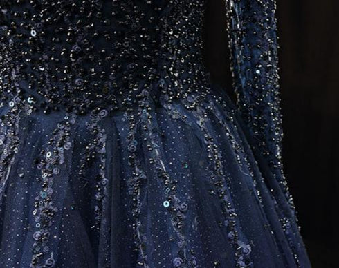 Gothic Navy Blue Off-Shoulder Wedding Dress - Designer Sequin Gown - Long Sleeve Wedding Dress Plus Size